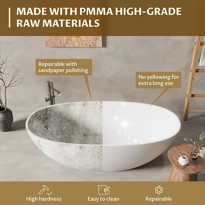 65" Resin Stone Freestanding Bathtub, Soaking Tub, Ergonomic Design, Easy Installation for Modern Spa Bathrooms, Matte White