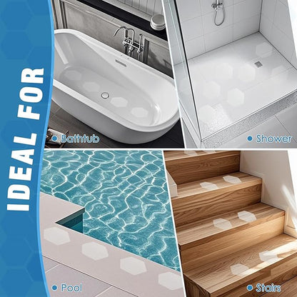 S&X 24 Pcs Anti Slip Shower Stickers (Large 4.7" Hexagon), Oversized Non Slip Bathtub Stickers with Scraper, Invisible Clear High Traction Grit Safety Bath Decals for Tub Floor, Pools, Stairs