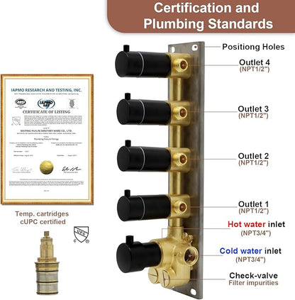 HOMEDEC Black 4-Function Shower Diverter Valve, 4 Ways Thermostatic Brass Mixer Mixing Shower Valve, Can Use All Options At a Time