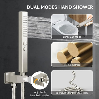 Shower Systems Brushed Nickel Shower Faucet Sets,Bostingner 4 Modes 10+6" Double Rain Shower Head with 2 in 1 Handheld Spray and 4Pcs Body Jets,Shower Set with Diverter and Trim Kit Complete