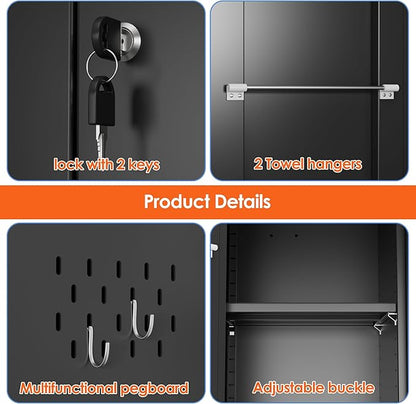 Aobabo Broom Closet Storage Cabinet, Lockable Garage Storage Cabinet for Home Garage, 61.61" H×27.55" W×13.77" D, Assembly Required, Black