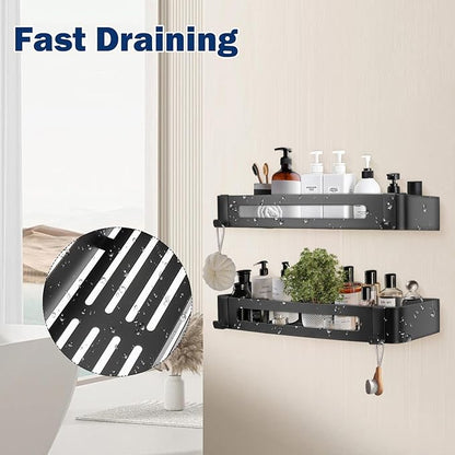 NearMoon Bathroom Shower Caddy 2 Pack, No Drill 304 Stainless Steel Shower Organizer with 2 Hooks (Shower Shelf, Matte Black)