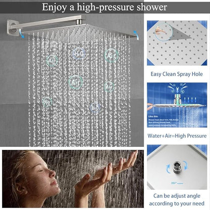 Shower Faucet Set Brushed Nickel Shower System, Knob Switch Diverter Shower Faucet with High Pressure Handheld Spray, Wall Mount 12 Inch Shower Head with 6 Inch Wall Mount Shower Head