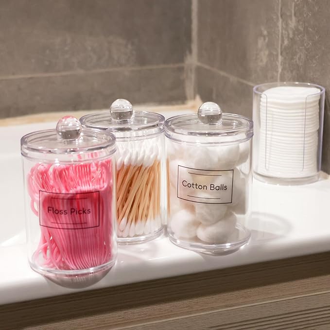 3 Pack Plastic Cotton Swab Ball Pad Holder,Acrylic Qtip Holder,Bathroom Canisters Apothecary Jar Set, 10 oz
