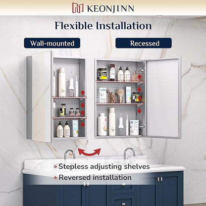 Keonjinn 16.14 x 24.01 Inch Medicine Cabinet, Bathroom Medicine Cabinet with Mirror, Lightweight Aluminum Structure, Assembly Required, in Wall or Wall Mount, Adjustable Shelves, Tempered Glass