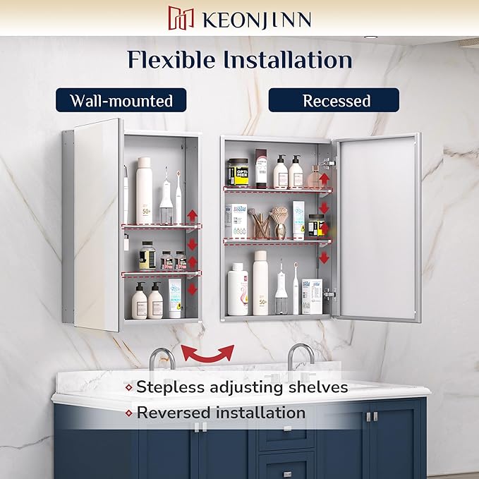 Keonjinn 48 x 26 Inch Medicine Cabinet, Assembly Required, Silver Bathroom Medicine Cabinets Mirror, Lightweight, Adjustable Shelves, Surface Mount or Recessed, Tempered Glass