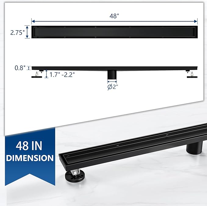 Neodrain 48-Inch Linear Shower Drain with Tile Insert Grate, Matte Black 304 Stainless Steel Rectangle Shower Floor Drain, Linear Drain with Leveling Feet, Hair Strainer