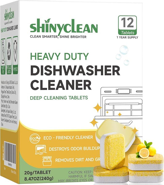 Heavy Duty Dishwasher Cleaning Tablets | Natural Dishwasher Cleaner and Deodorizer | Helps Remove Limescale, Hard Water & Odor | Septic Safe, 12 Pack - 1 Year Supply