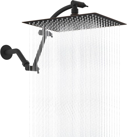 Hibbent All Metal cUPC Certified Rain Shower Head, 12'' High Pressure Rainfall Showerhead with 16" Shower Head Extension Arm, Brass Adjustable Shower Arm Extender, fixed Showerheads, Oil Rubbed Bronze