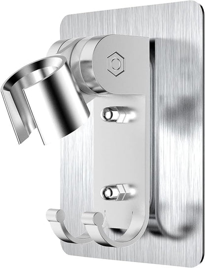 Shower Head Holder, Adjustable Wand Holder with 2 Hanger Hooks, Wall Mount Bracket, Aluminium Alloy, Silver