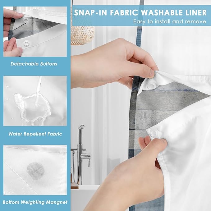 No Hook Blue Daisy and Butterfly Shower Curtain with Snap in Fabric Liner Set, Rustic Farmhouse Double Layers Waterproof Fabric with See Through Top Window Open Grommet Bath Curtain 71x86 Inch