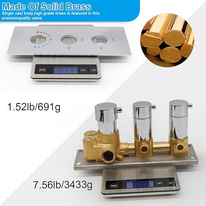 2 Way Shower Diverter Valve Brass 2 Functions Thermostatic Shower Mixing Valve Kit 3 Handle Flow Control Valve, 3/4 Inch Inlet, Can Run Simultaneously(Chrome)