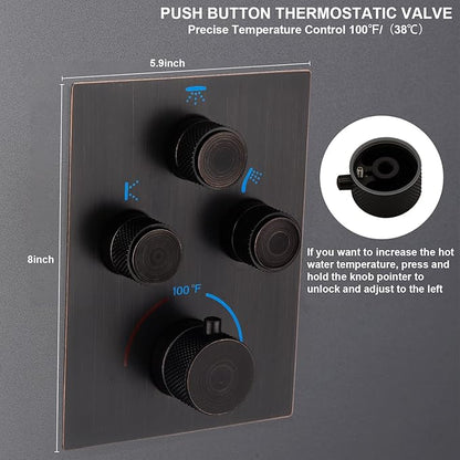 Push Button 3 Way Thermostatic Shower Diverter Valve, Concealed 3 Outlet Multi Function Brass Mixer Shower Valve Kit Can Control Flow and On-Off Simultaneously, Oil Rubbed Bronze