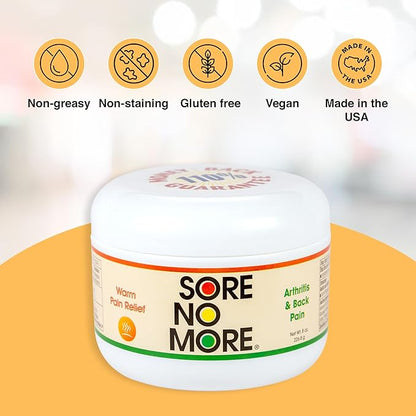 Sore No More Warm Arthritis Pain Relief Cream – Targeted Reliever for Back, Neck, Hands & Feet – Soothing & Fast-Acting Formula for Aches and Pains – Non-Greasy with Orange Aroma – 8 oz