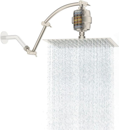 Hibbent All Metal Rain Filtered Shower Head, 12'' High Pressure Rainfall Showerhead with 16" Shower Extension Arm, 20 Stage Shower Filter, Solid Brass Adjustable Shower Arm Extender, Brushed Nickel