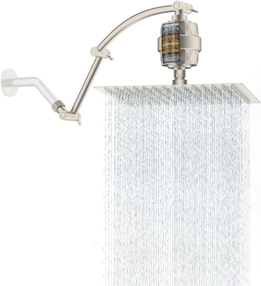 Hibbent All Metal Rain Filtered Shower Head, 12'' High Pressure Rainfall Showerhead with 16" Shower Extension Arm, 20 Stage Shower Filter, Solid Brass Adjustable Shower Arm Extender, Brushed Nickel