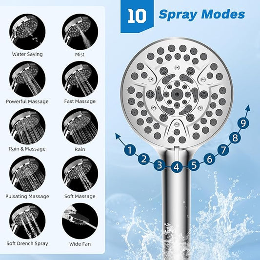 Hibbent Dual Filter All Metal 12" Rainfall Showerhead Combo, High Pressure Filter Shower Head with 10-Spray Mode Handheld, 4-way Diverter with Pause Mode, 71'' Shower Hose and Holder, Chrome