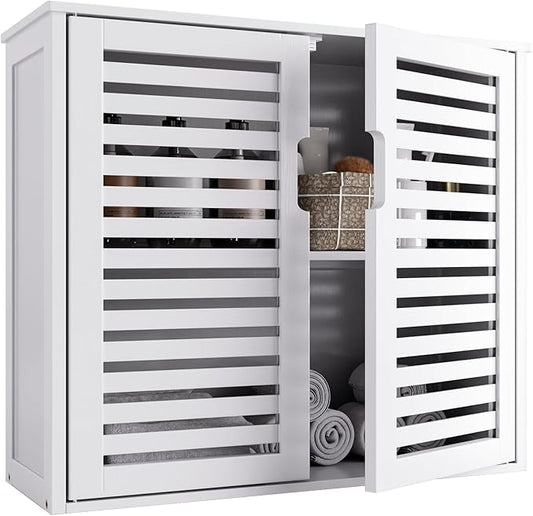 HITNET White Bathroom Cabinet Over Toilet, Bamboo Hanging Medicine Cabinet, Wall-Mounted Storage Organizer, Kitchen Cupboard with Double Doors and Adjustable Shelf