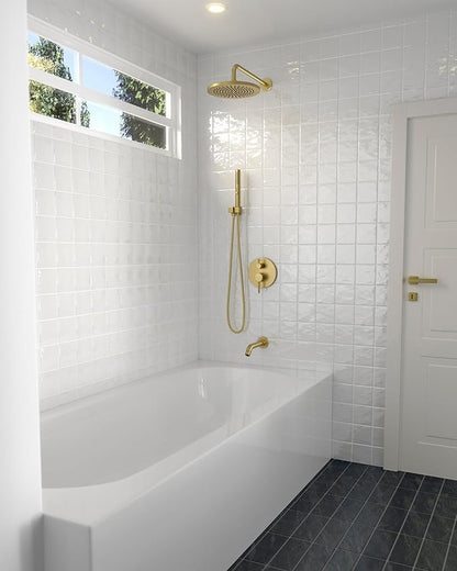 Lava Odoro Modern 3-Setting Round Rain Bathtub and Shower Faucet Set, Gold Rainfall Shower Head and Handle Set, Rain Shower System with Tub Spout, Shower Valve Trim Kit, Brushed Gold, SF104-SG-T