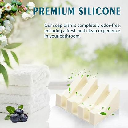 Silicone Soap Dish with Drain, Upgrade Double Suction Cups at The Bottom for Anti-Slip and Stability, Soap Dish Shower Waterfall Bar Soap Holder Tray with Drain Soap Holder (2, CreamWhite)