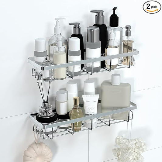 Shower Caddy Organizer with Hooks,Self Adhesive Bathroom Shelves,No Drilling Bathroom Organizers and Storage,Perfect for RV, Apartment, Home Decor,2 Pack Silvery