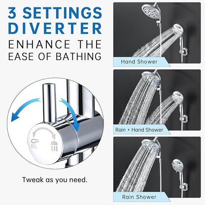 G-Promise Metal Shower Diverter, Handheld Holder Included, 3-Way Diverter for Handheld and Fixed Shower Head ∣3-Settings Universal Bathing System Replacement Part (Chrome)