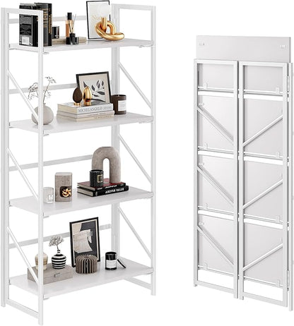 JSB No Assembly Folding Bookshelf, 4 Tier Industrial Metal Book Shelf for Storage, Vintage Wood Foldable Bookcase for Living Room, Bedroom, Office Organization Shelves