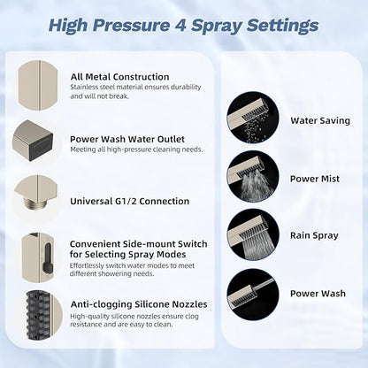 Hibbent 5-spray Filtered Rainfall Shower Head Combo, High Pressure 13'' Showerhead with Stainless Steel 4 Spray Modes Handheld, All Metal 4-way Diverter Arm, 71'' Hose & Holder, Brushed Nickel