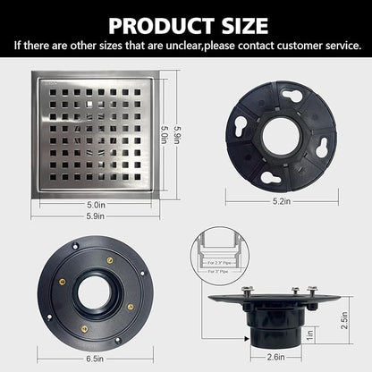 6 Inch Square Shower Drain with Flange, Removeable Grate SUS 304 Stainless Steel Shower Drain with Hair Catcher (Brushed Nickel, 6 Inch)