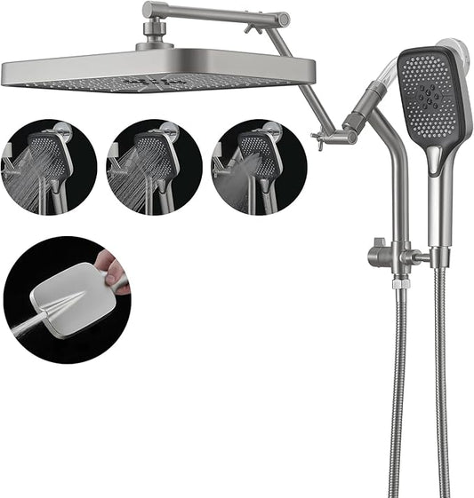 14" High Pressure Rain/Rainfall Shower Heads With Handheld Spray Combo (3+1 Settings & Built-in Power Wash Mode), Double/Dual Shower Head With Handheld - Height/Angle Adjustable(Brushed Nickel)