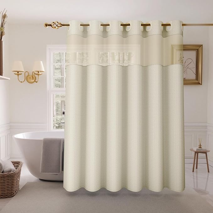Inhousolu No Hook Shower Curtain with Snap in Fabric Liner Set Waffle Weave 230GSM Weighted Hem, Waterproof & Washable Bathroom Curtain Spa Luxury with Mesh Top Window 72" W x 72" L Ivory