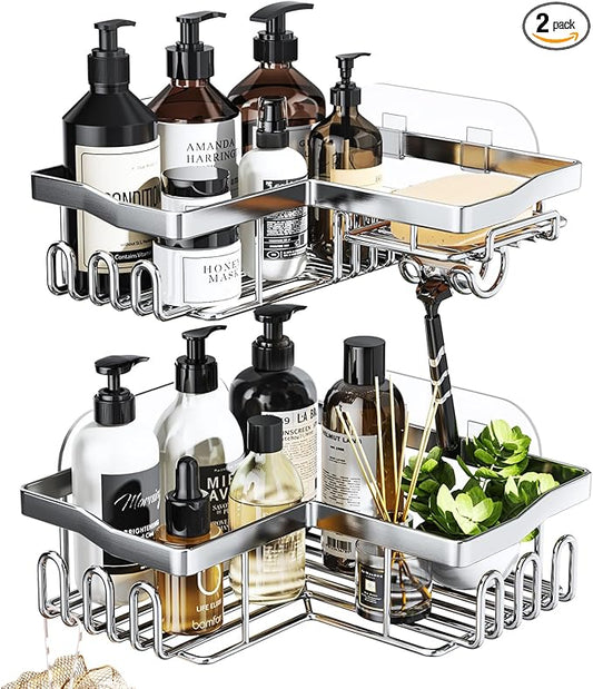 SWTYMIKI Shower Caddy Corner with Soap Holder, 2-Tier Stainless Steel Corner Shower Organizer with 11 Hooks, No Drilling & 6 Strong Adhesives Bathroom Shelf Organizer, Silver - 2 Tier