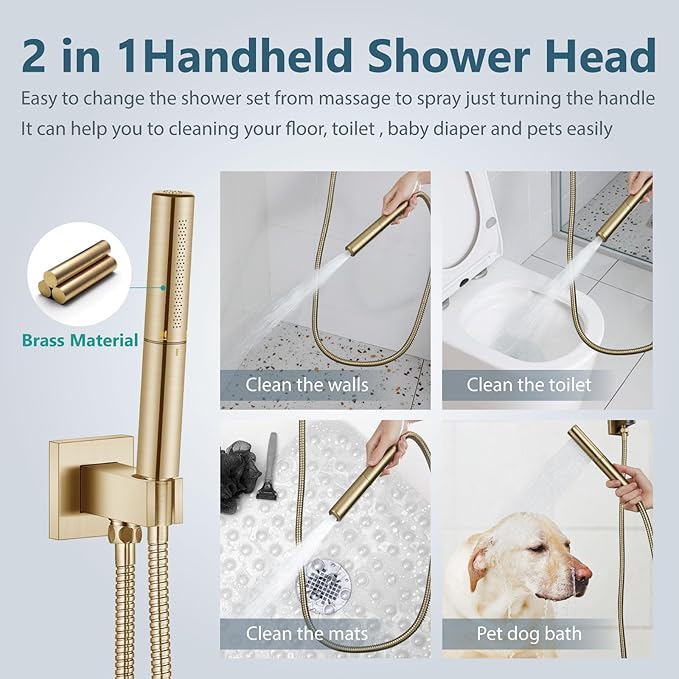 Aolemi Shower Faucet Set, High Pressure Shower System with 2-in-1 Handheld Sprayer, Wall Mount Fixture Combo with Rough-in Valve, 8 Inch Shower Head, Brushed Gold