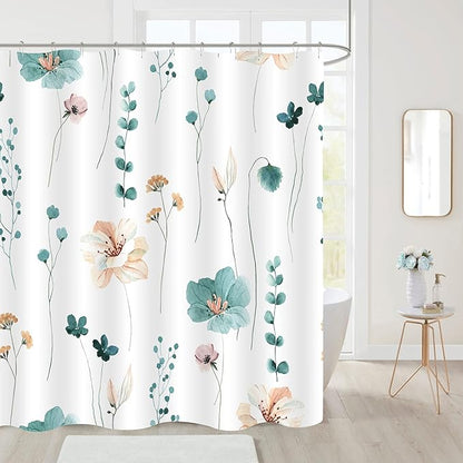 Gibelle Watercolor Floral Shower Curtain, Teal Beige Flower Shower Curtain for Bathroom, Modern Minimalist White Waterproof Fabric Shower Curtain Set 72x72 Inch
