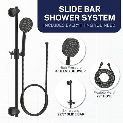 HammerHead Showers® SOLID METAL 27.5 Inch Shower Slide Bar Set and Handheld Shower Head with Hose — MATTE BLACK — 1.75 GPM Low Flow Spray Wand — Easily Adjust Height & Angle of Handshower