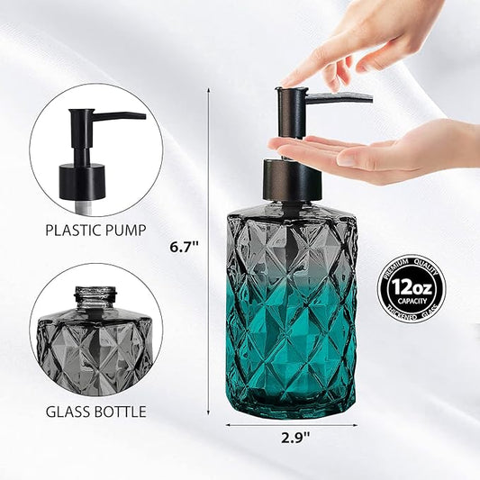 11oz Glass Soap Dispenser with Plastic Pump, Clear & Black Diamond Design Refillable Hand Soap Dispenser for Hand Wash and Dish Wash for Dishwashing Liquid, Lotion Shower Gel