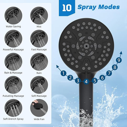 Hibbent Dual Filter All Metal 10"Rainfall Showerhead Combo, High Pressure Filter Shower Head with 10-Spray Mode Handheld, Innovative 4-way Diverter with Pause Mode, 71'' Shower Hose and Holder, Black