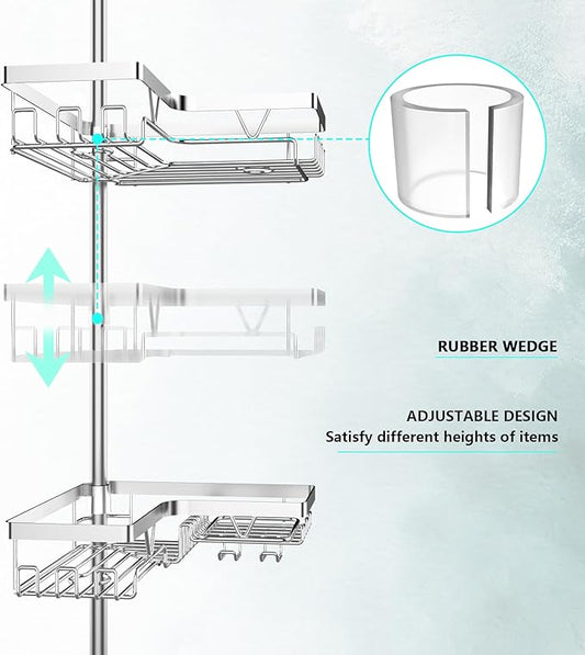 Shower Caddy Tension Pole - Corner Shower Shelves with Soap Holder Bathroom Shower Organizer for Tub (Stainless Steel, Silver, Floor to Ceiling 25-114.2 inch)