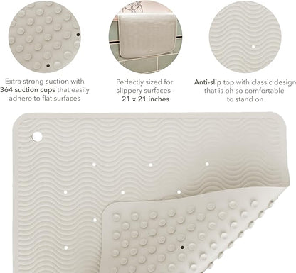 HEVEA Natural Rubber Wave Bath Mat – Square 21x21 in - Non-Slip Shower & Bathtub Mat with 364 Suction Cups, Plastic-Free & Biodegradable (Marble)