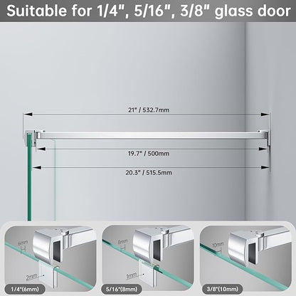 Frameless Shower Door Support Bar, Stainless Steel Wall-to-Glass Support Arm to Fixed Shower Glass Panel, for 1/4"-3/8" (6-10 mm) Door, 180° Pivot & Stow-Flat Mode (Chrome, 19.7-inch(500mm))