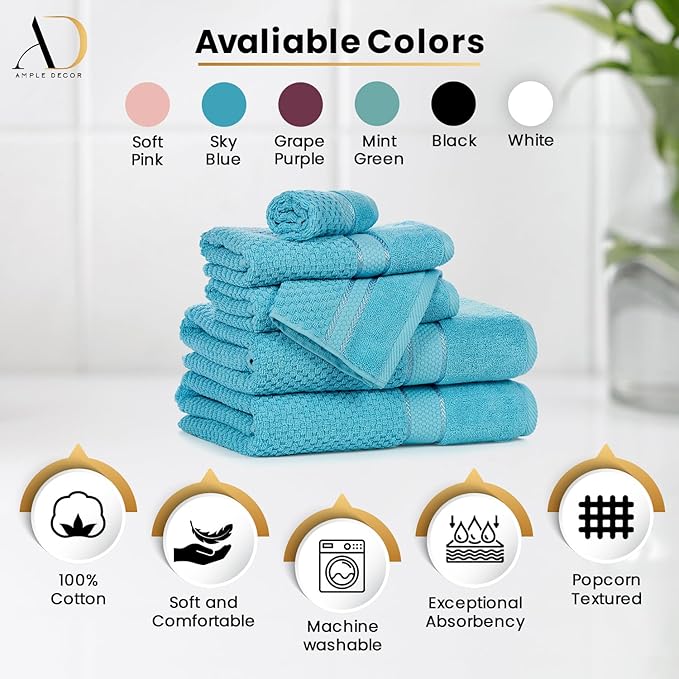 Ample Decor 100% Cotton Washcloths Set of 50 - Highly Absorbent, Popcorn Textured - Mulaayam Collection - 12 X 12 Inch Sky Blue