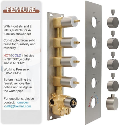 HOMEDEC Modern Solid Brass Concealed 4-Function Thermostatic Shower Diverter Mixer Valve Brushed Nickel, Can Run Simultaneously, Flows Can Be Controlled