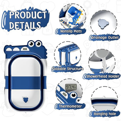 MoreFeel Collapsible Baby Bathtub for Newborn with Thermometer & 1 Hooded Towel & 1 Soft Floating Cushion,Portable Travel Bathtub with Drain Hole, Durable Foldable Baby Tubs for Infants to Toddler