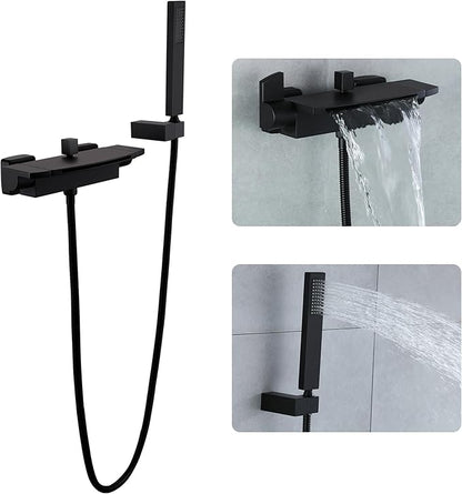 Wall Mount Tub Filler Matte Black Waterfall Tub Faucet with Sprayer, Brass Bathtub Wall Faucets with Hand Shower, High Flow Tub Spout, Bath Tub Faucet Set 2 Handles - JIAENLEMA