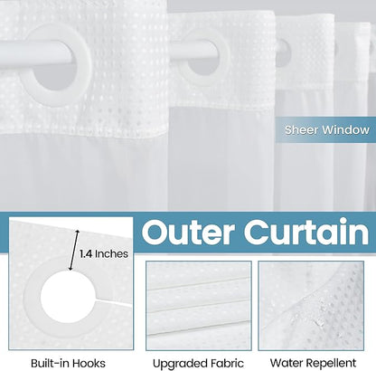White Long No Hook Shower Curtain with Snap in Liner,230GSM Waffle Weave Shower Curtains for Bathroom,71W x 86H