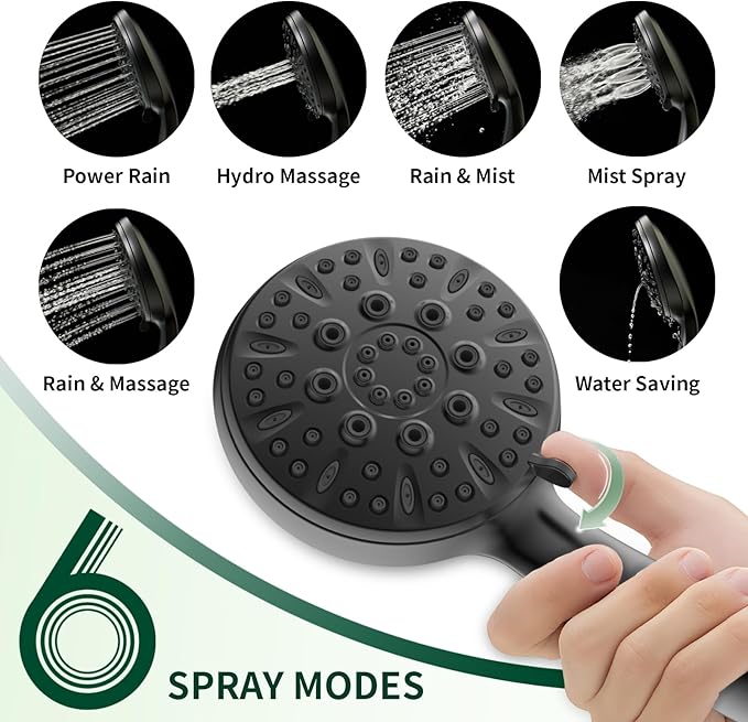 Matte Black Shower Head, 6 Spray Modes Handheld Showerhead, High Pressure Shower Head with 59 Inch Stainless Steel Hose and Adjustable Showerhead Holder