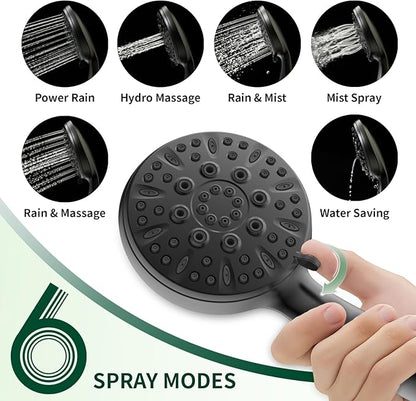 Matte Black Shower Head, 6 Spray Modes Handheld Showerhead, High Pressure Shower Head with 59 Inch Stainless Steel Hose and Adjustable Showerhead Holder