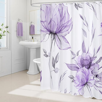 Long Boho Watercolor Floral Shower Curtain 72 x 78, Purple and Grey Ink Painting Style Flower Shower Curtains for Chic Elegant Bathroom, Artistic 78 Inch Long Fabric Shower Curtain