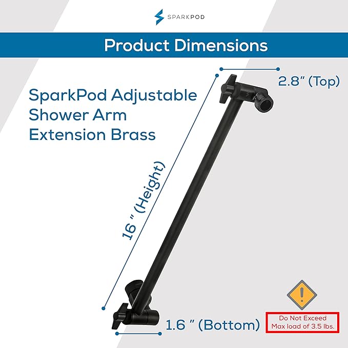 SparkPod 16" Solid Brass Shower Head Extension Arm - Flexible Height & Angle Adjustable Shower Arm Extension for Rain Showerheads with Sturdy Lock - Universal Pipe Connection (Midnight Black Matte)