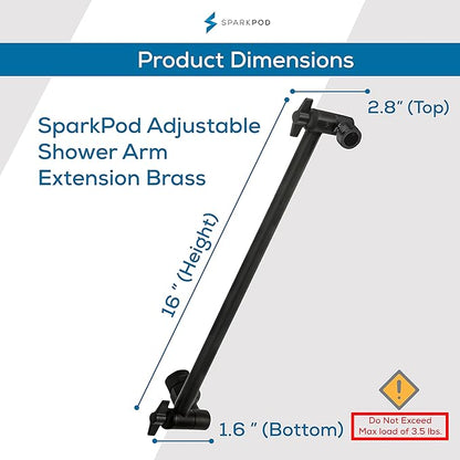 SparkPod 16" Solid Brass Shower Head Extension Arm - Flexible Height & Angle Adjustable Shower Arm Extension for Rain Showerheads with Sturdy Lock - Universal Pipe Connection (Midnight Black Matte)